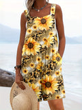 Sunflower Print Short Jumpsuit for Women Summer Casual Resort Style Romper Vacation Outfit S-XXL