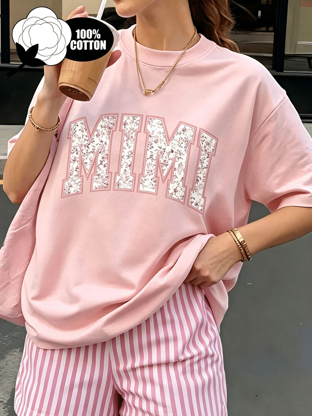 Floral MIMI Print Women T-Shirt Short Sleeve Loose Crew Neck Casual Graphic Tee Breathable Lightweight Everyday Top