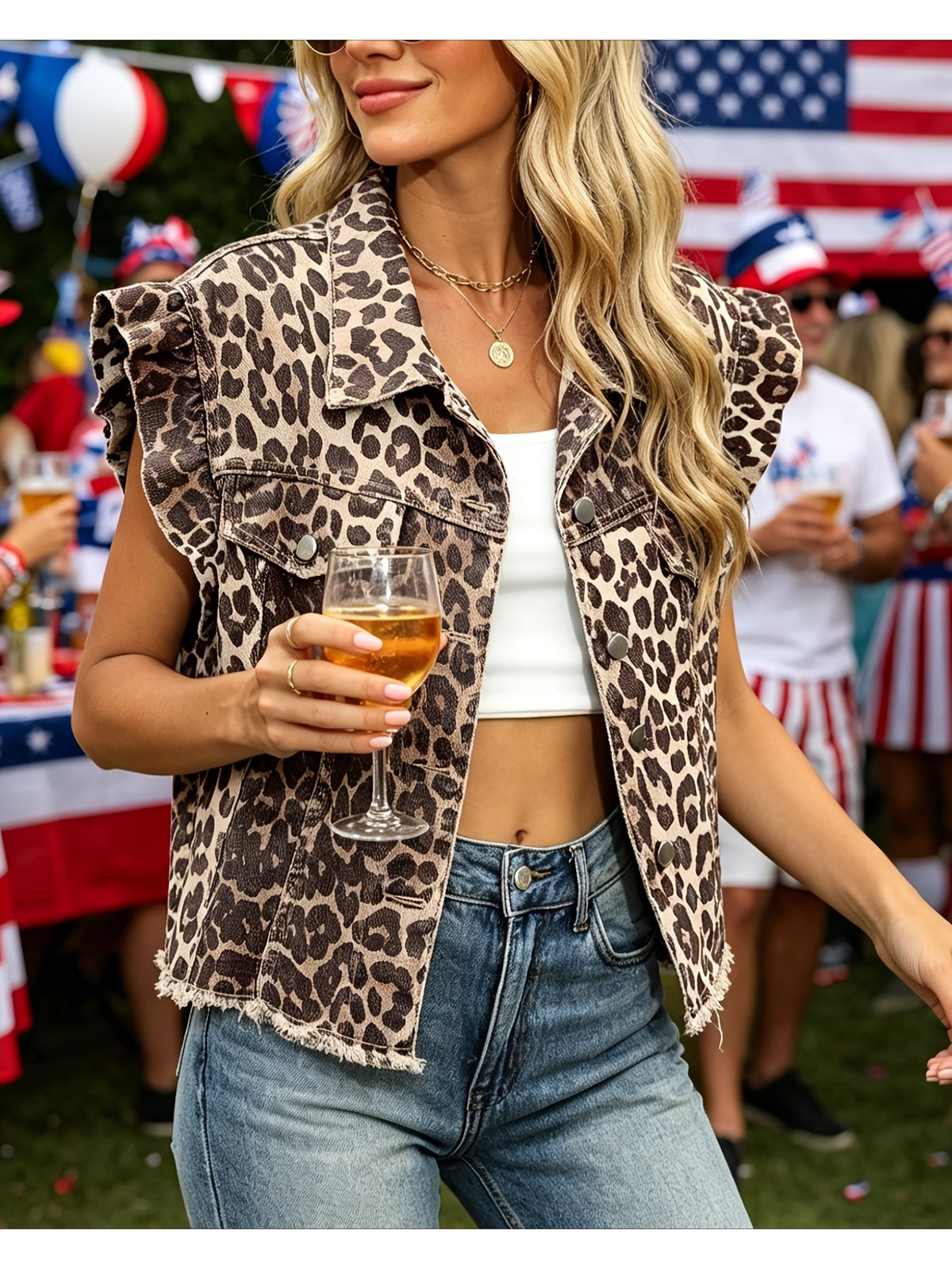Leopard Print Denim Vest Women Vintage Lapel Frayed Hem Cropped Sleeveless Jacket Summer Street Casual Daily Outfit Trendy