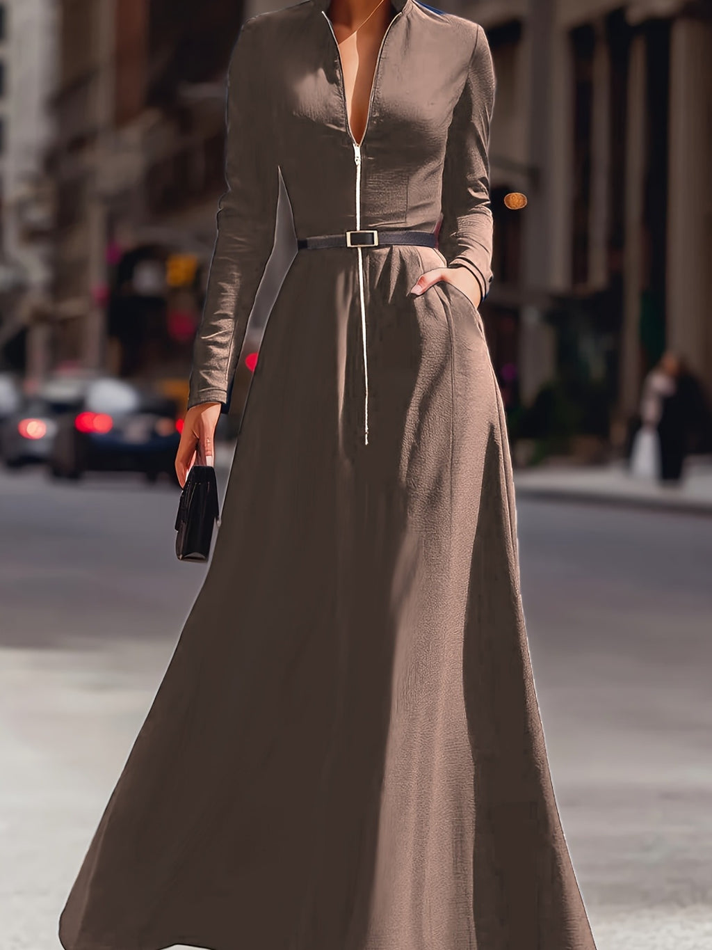 Elegant Mermaid Flared Dress for Women Long Sleeve Lapel Waist Cinching Belt Zipper Formal Evening Dress Autumn Party Dinner Wedding Guest