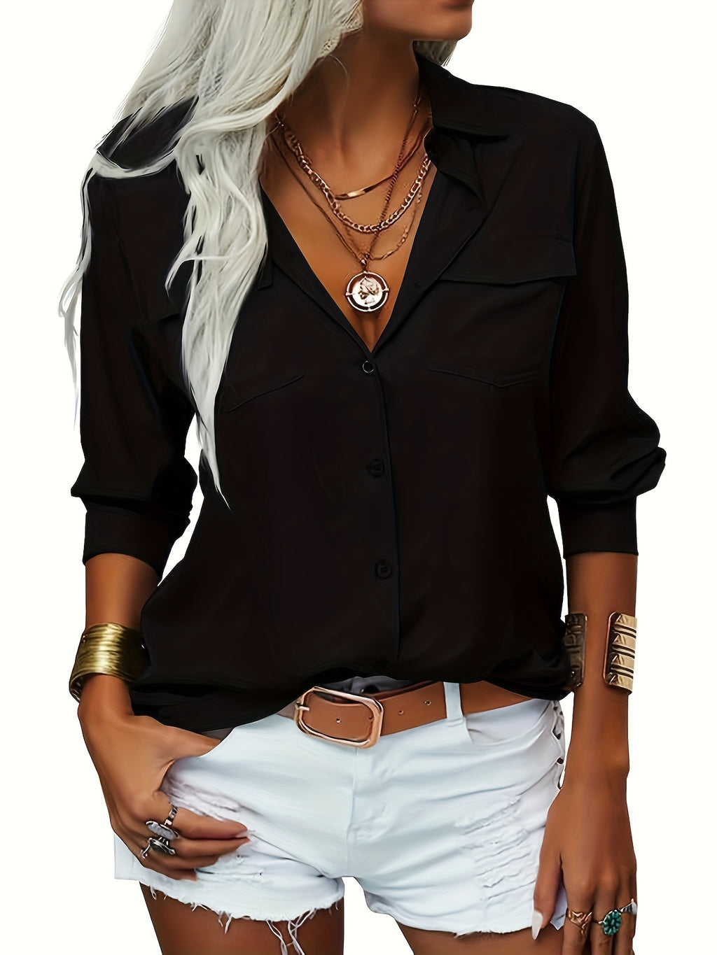 Women's V-Neck Button Down Blouse Slim Fit Lapel Collar Long Sleeve Work Shirt with Chest Pocket Roll-Up Cuffs