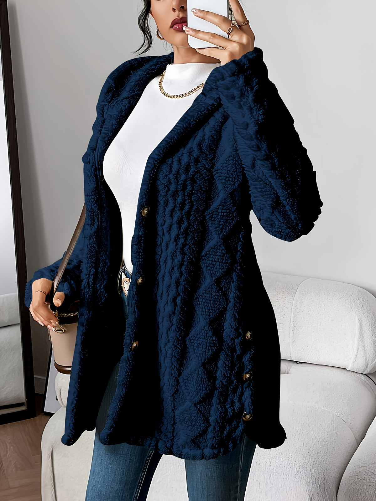 Hooded Fuzzy Coat Women Mid-Length Jacket with Buttons Soft Warm Fleece Fall Winter Outerwear 5 Colors S-XXL