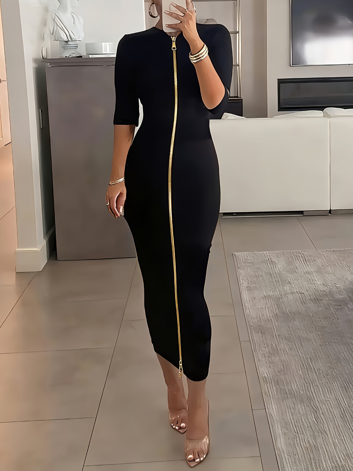 Women's Slim Fit Boat Neck Zipper Dress Short Sleeve Elegant Mid-Length Casual Dress Spring Summer Autumn