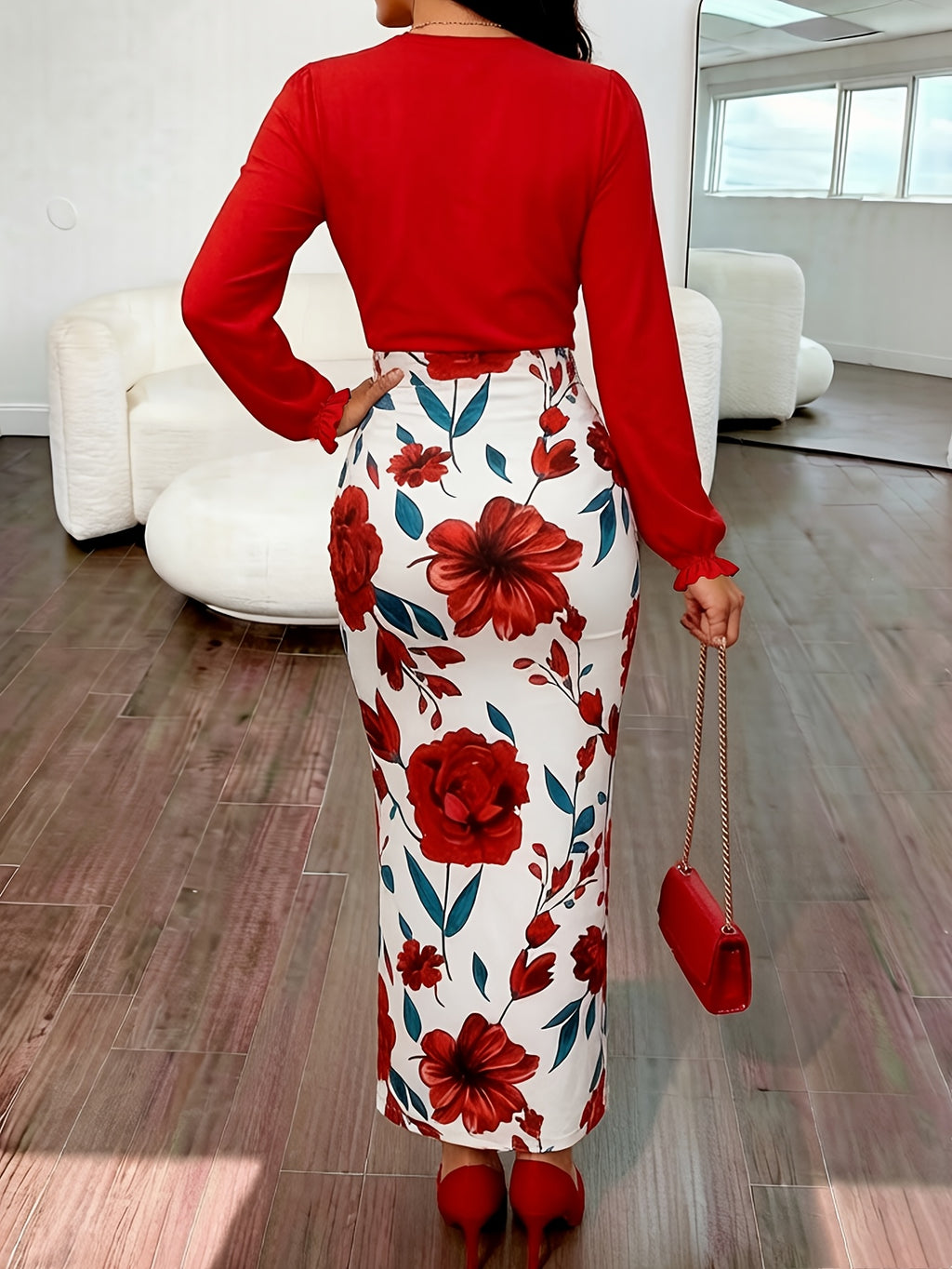 Floral Print Splicing Dress for Women Long Sleeve Drawstring Waist V-Neck Elegant Spring Fall Casual Midi Dress Stretchy Comfortable