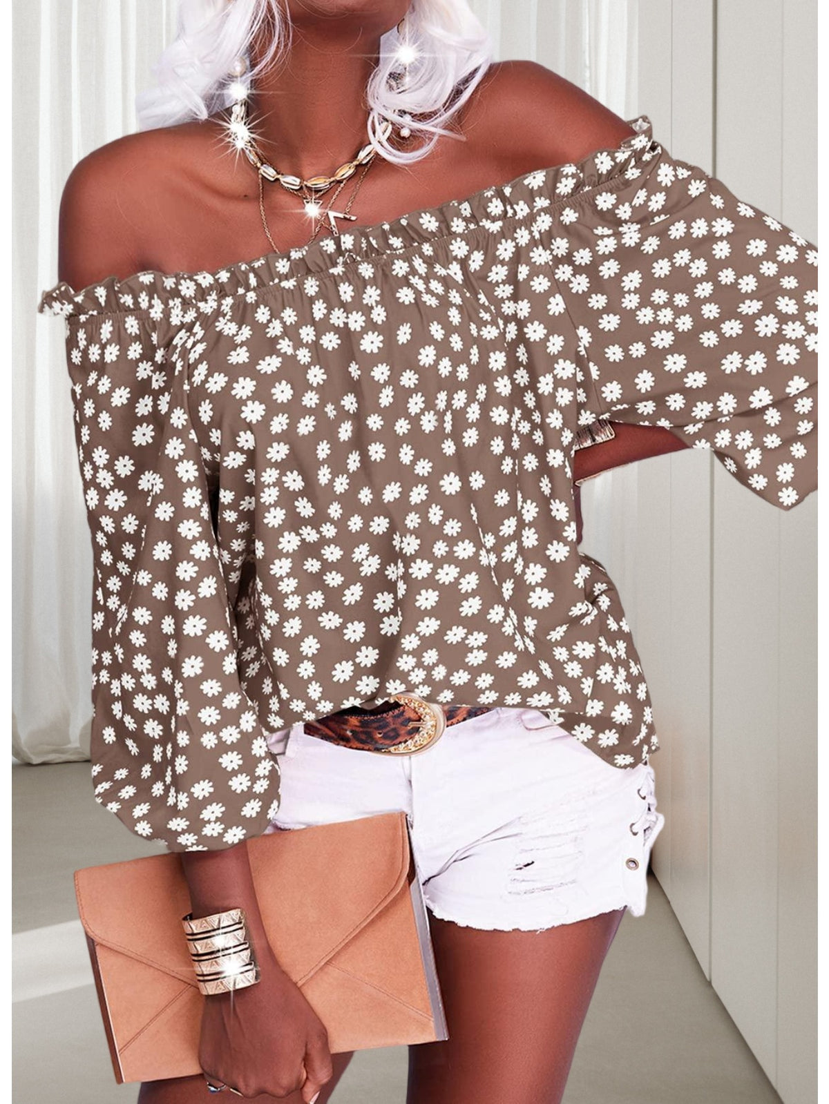 Floral Off Shoulder Chiffon Blouse Women 3/4 Sleeve Casual Summer Top Shirt 10 Colors S-XXL