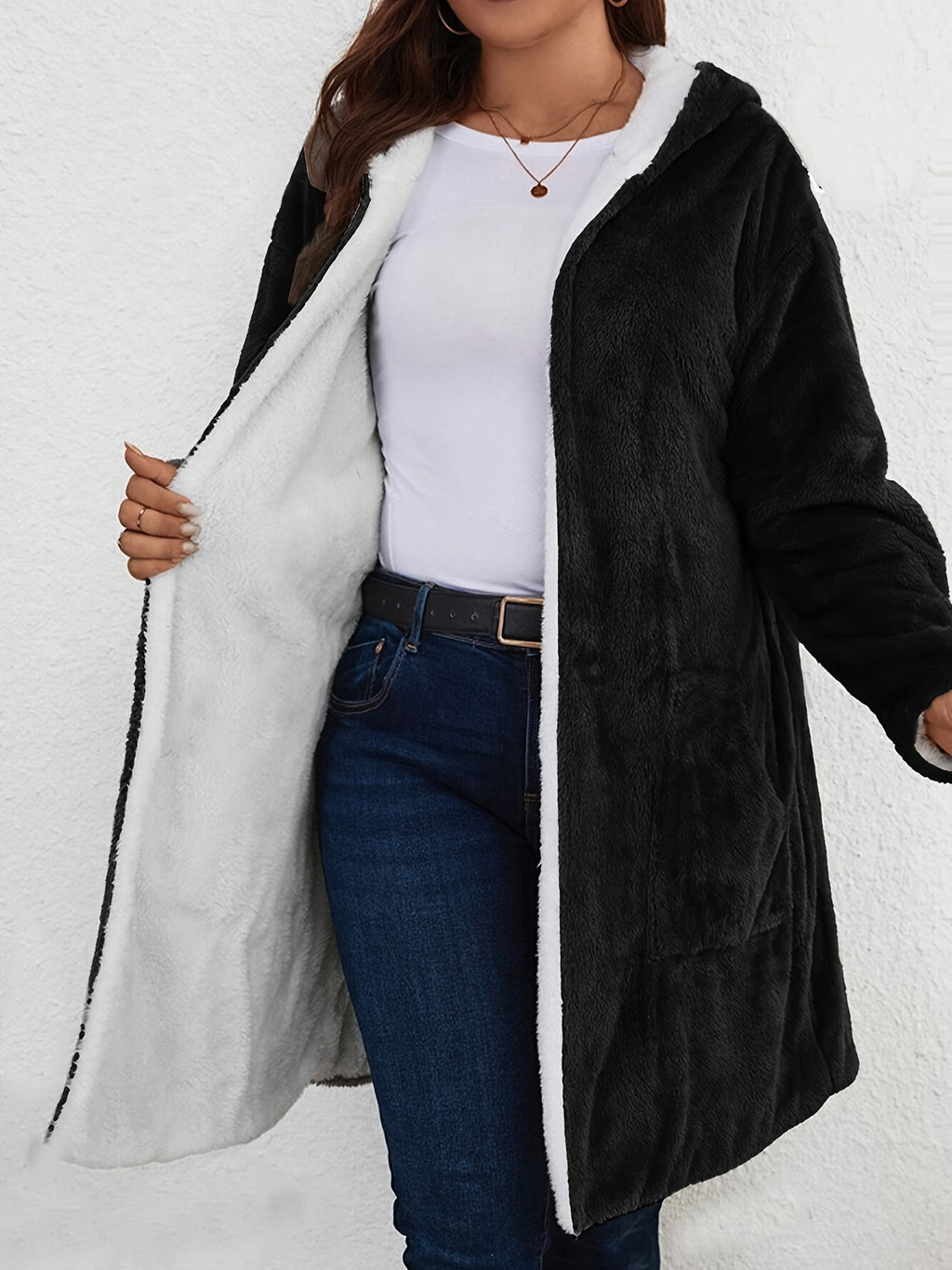 Women's Plush-Trim Hooded Coat Mid-Length Sherpa Lining Suede Drop Shoulder Warm Winter Outerwear S-XXL