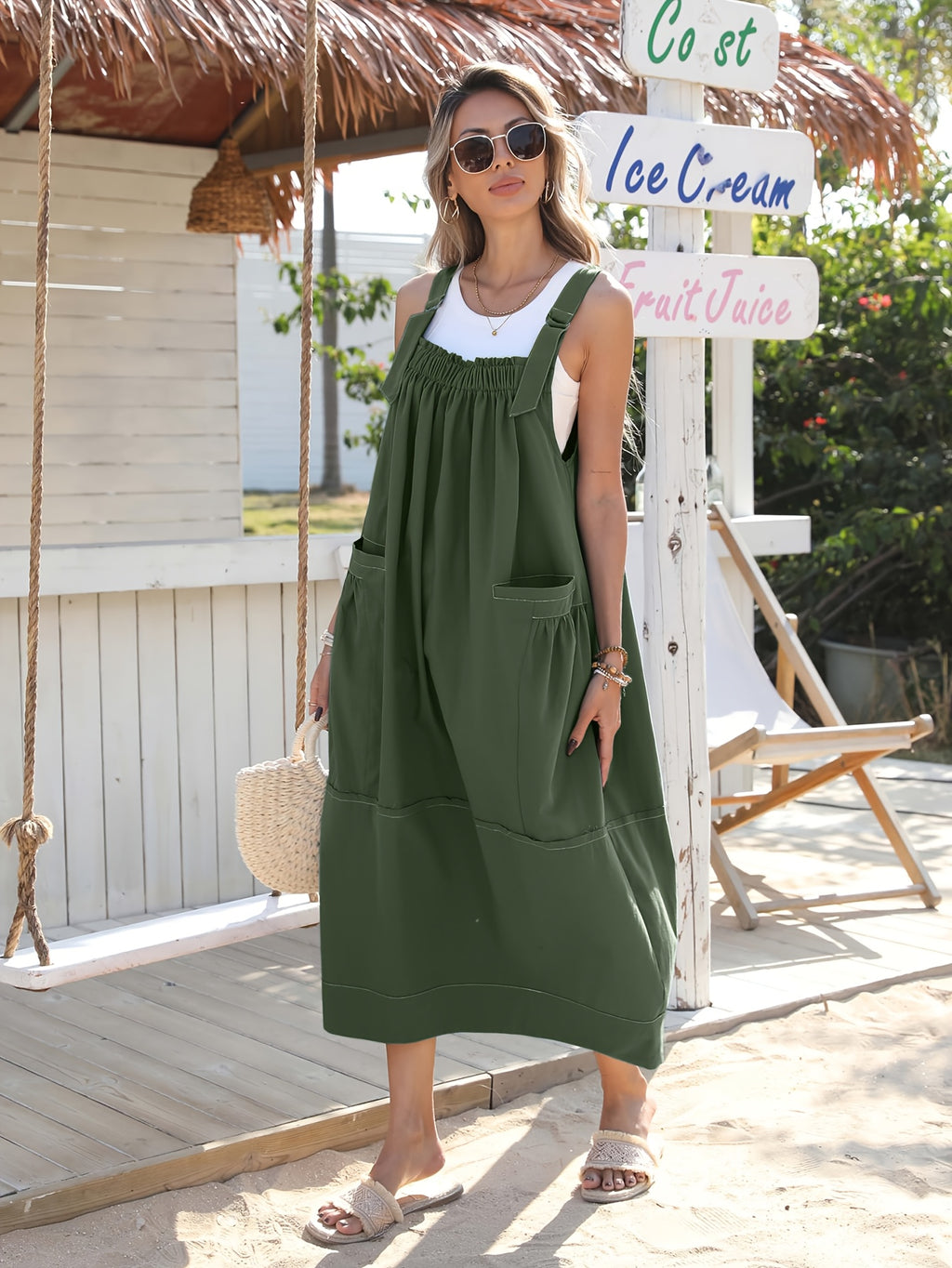 Overall Dress Women Loose Adjustable Strap Midi Length Big Pockets Workwear Casual Bib Jumper Dress Spring Summer S M L XL XXL