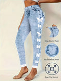 Butterfly Print Imitation Denim Leggings Women Elastic Fake Pocket All Season Casual Vacation Machine Washable S-XXL