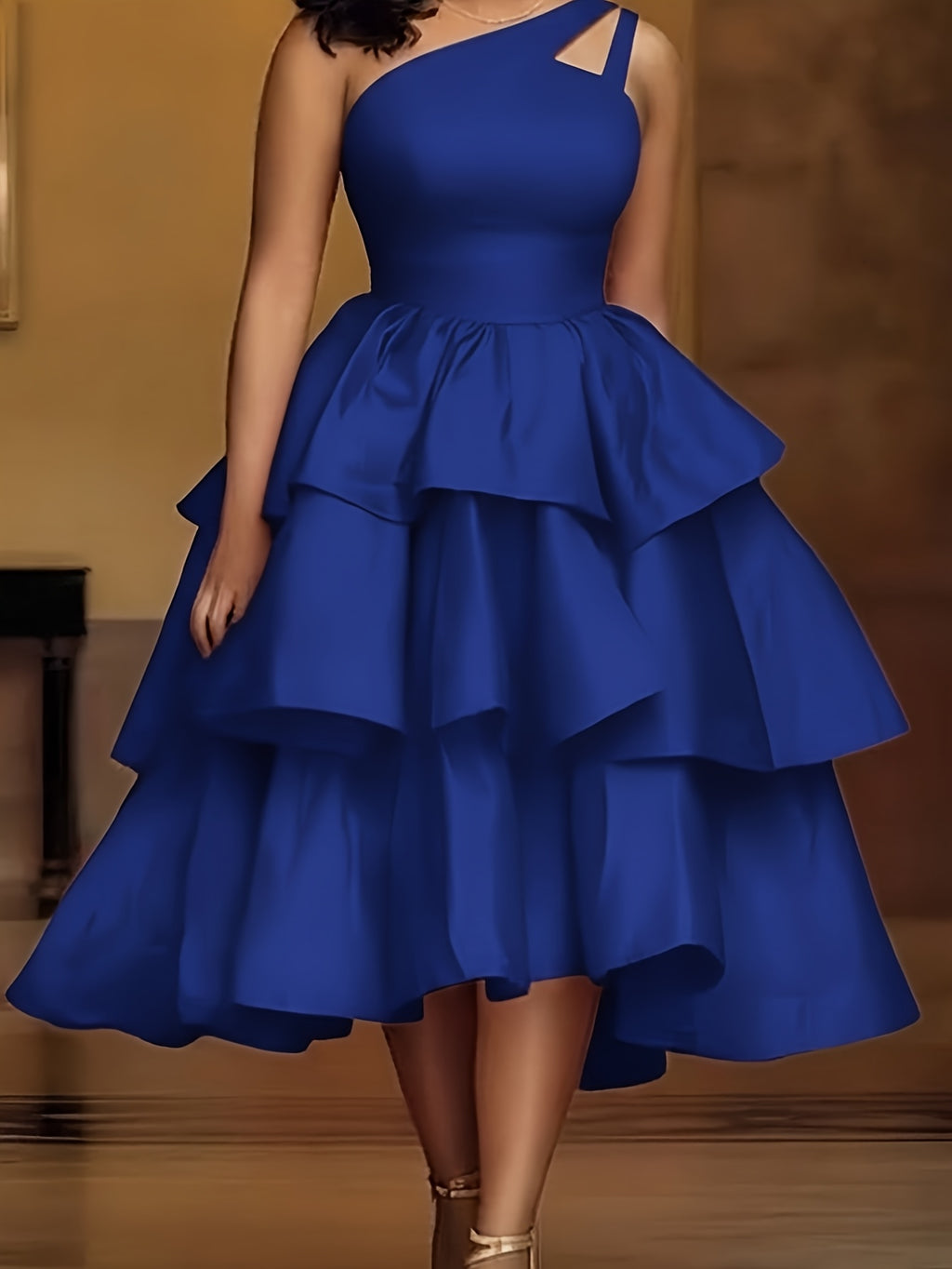 Orange One-Shoulder Cutout Tiered Midi Dress for Women – Eye-Catching Party Gown for Birthday Dinners, Gatherings & Summer Events