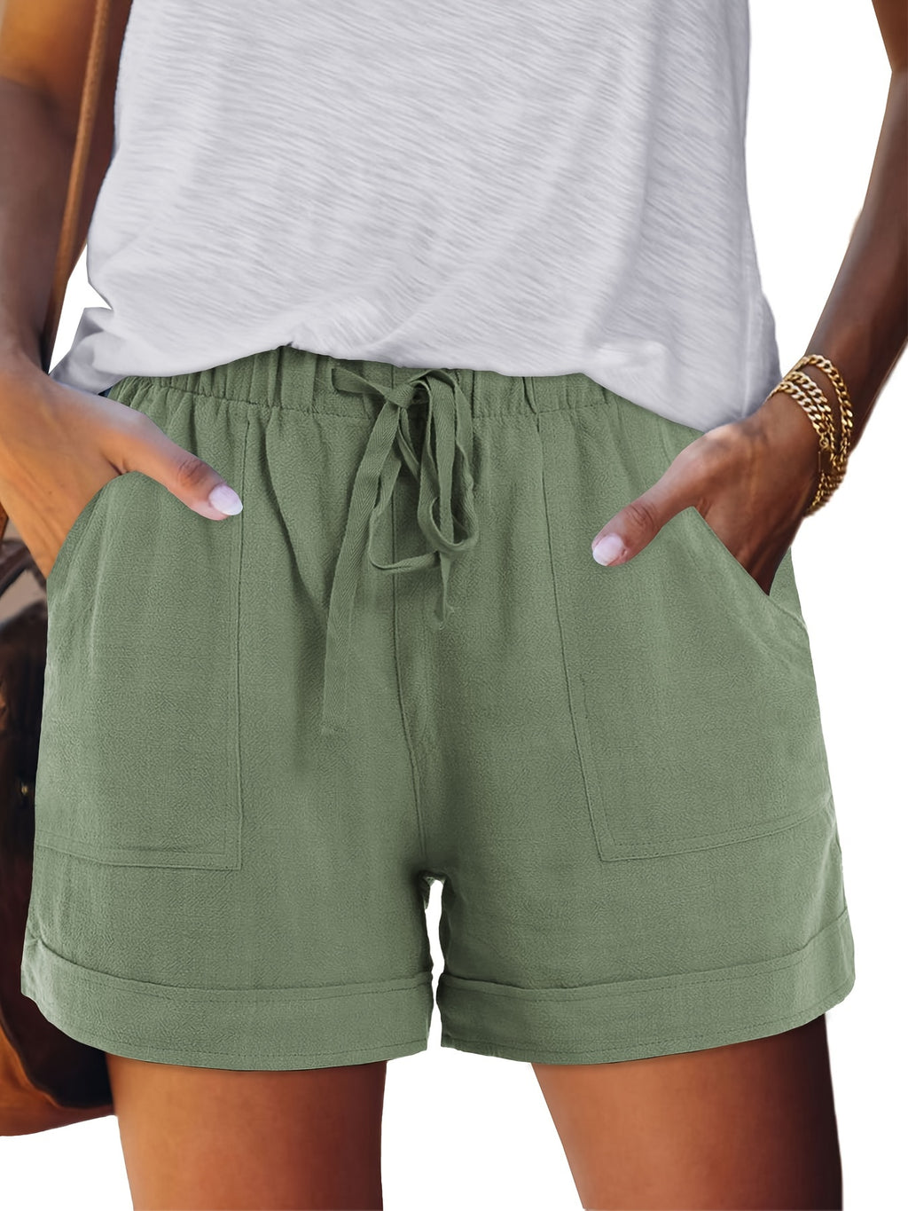 Women's Drawstring Elastic Waist Casual Shorts with Pockets Summer Beach Lightweight Loose Fit Short Pants Pure Color S-XXL
