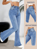 Stretchy Flared Bell Bottom Jeans for Women - Skinny Fit Elegant Denim-Look Pants with Button Closure, Non-See-Through All-Season Fabric for Casual & Formal Outfits