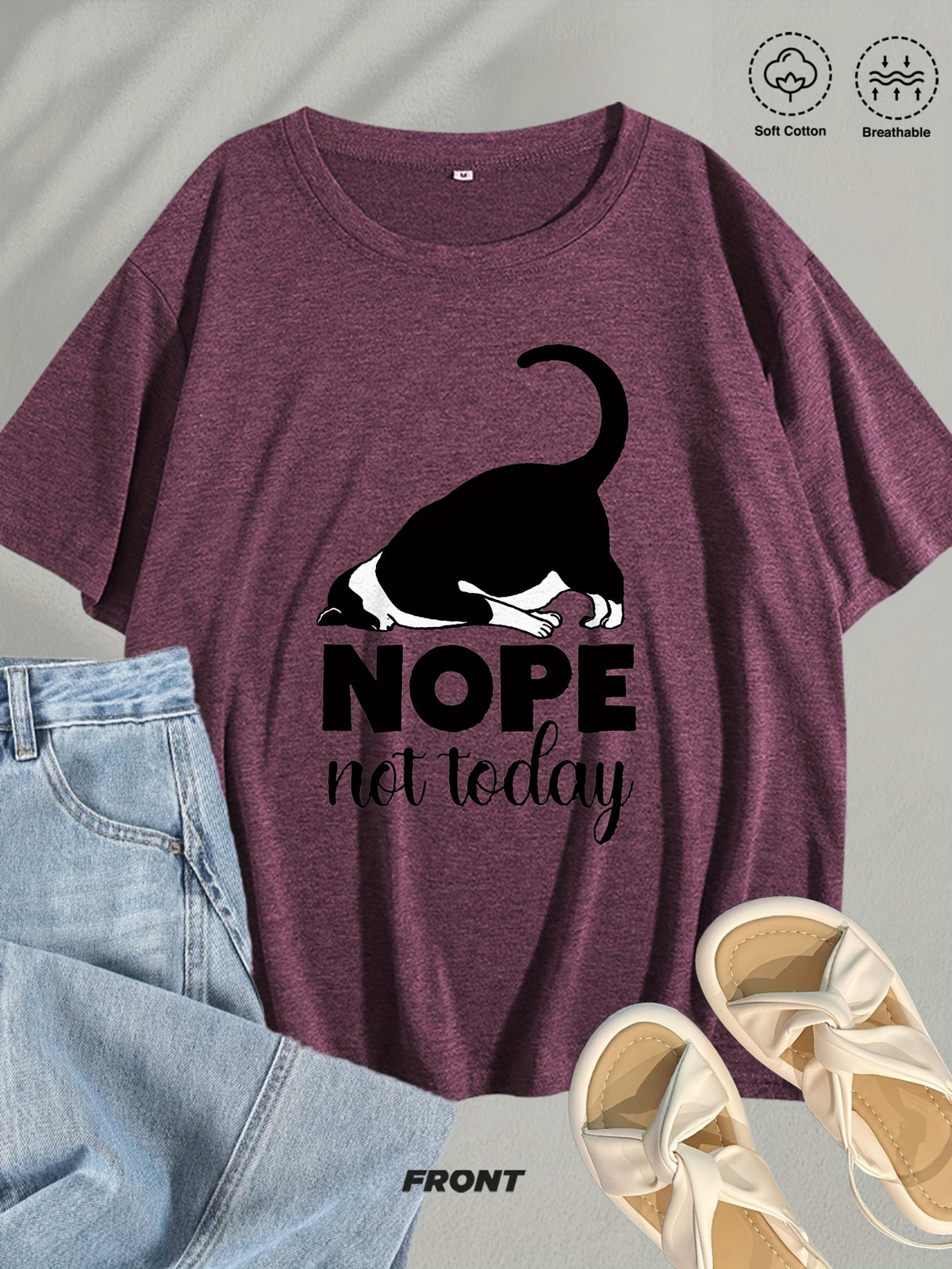 Cute Cat Graphic T-Shirt Women Nope Not Today Slogan Sleeping Cat Print Crew Neck Casual Fun Whimsical Tee Cat Lover Gift Birthday Holiday Top S-XXL