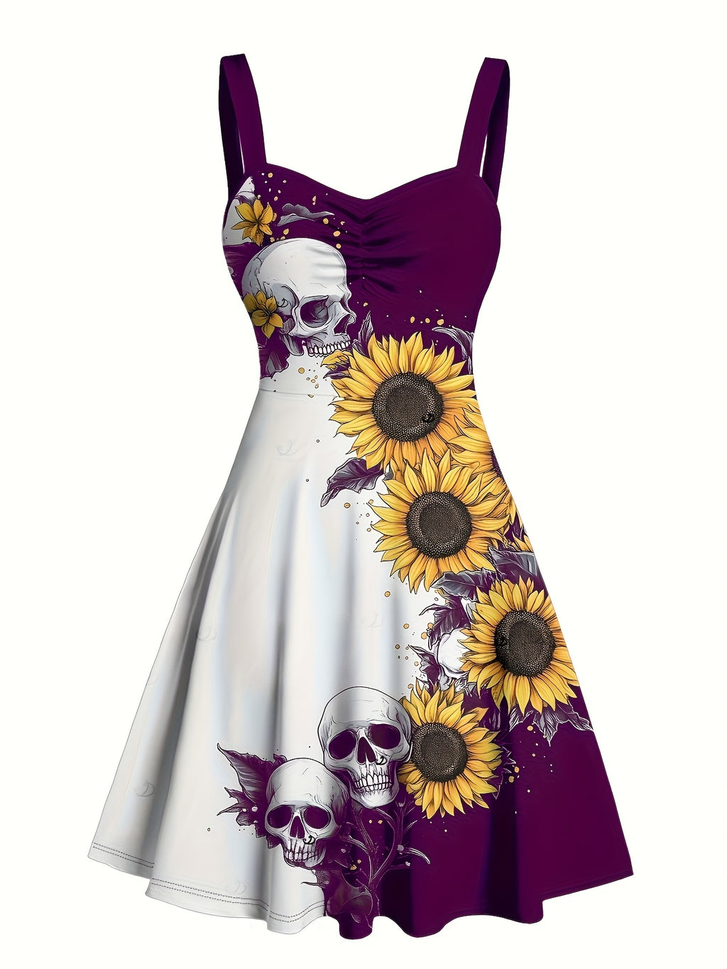 Gothic Sunflower Skull A-Line Mini Dress Women Sweetheart Spaghetti Strap Colorblock Ruched Belt Retro Halloween Dress S-XXL