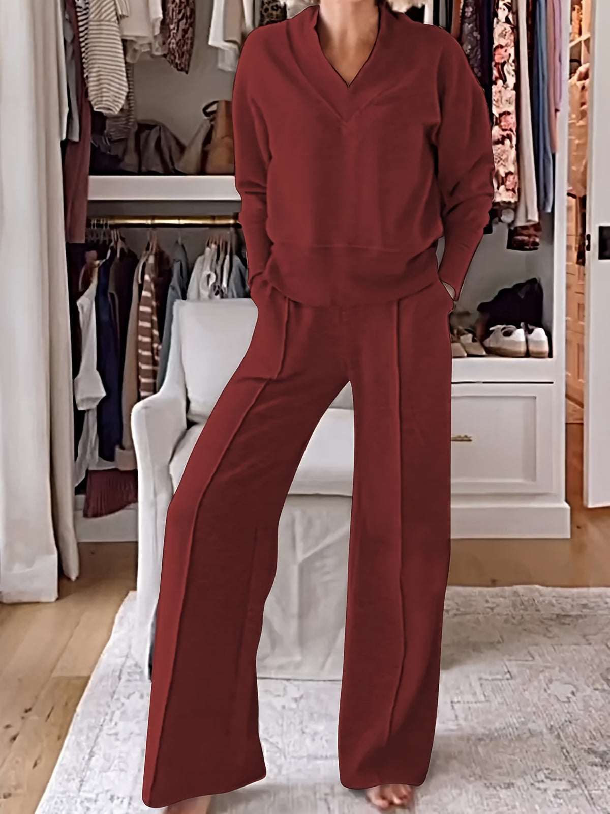 Women's 2 Piece Set V-Neck Long Sleeve Loose Top and Wide Leg Pants Casual Elegant Matching Outfit Spring Fall Fashion
