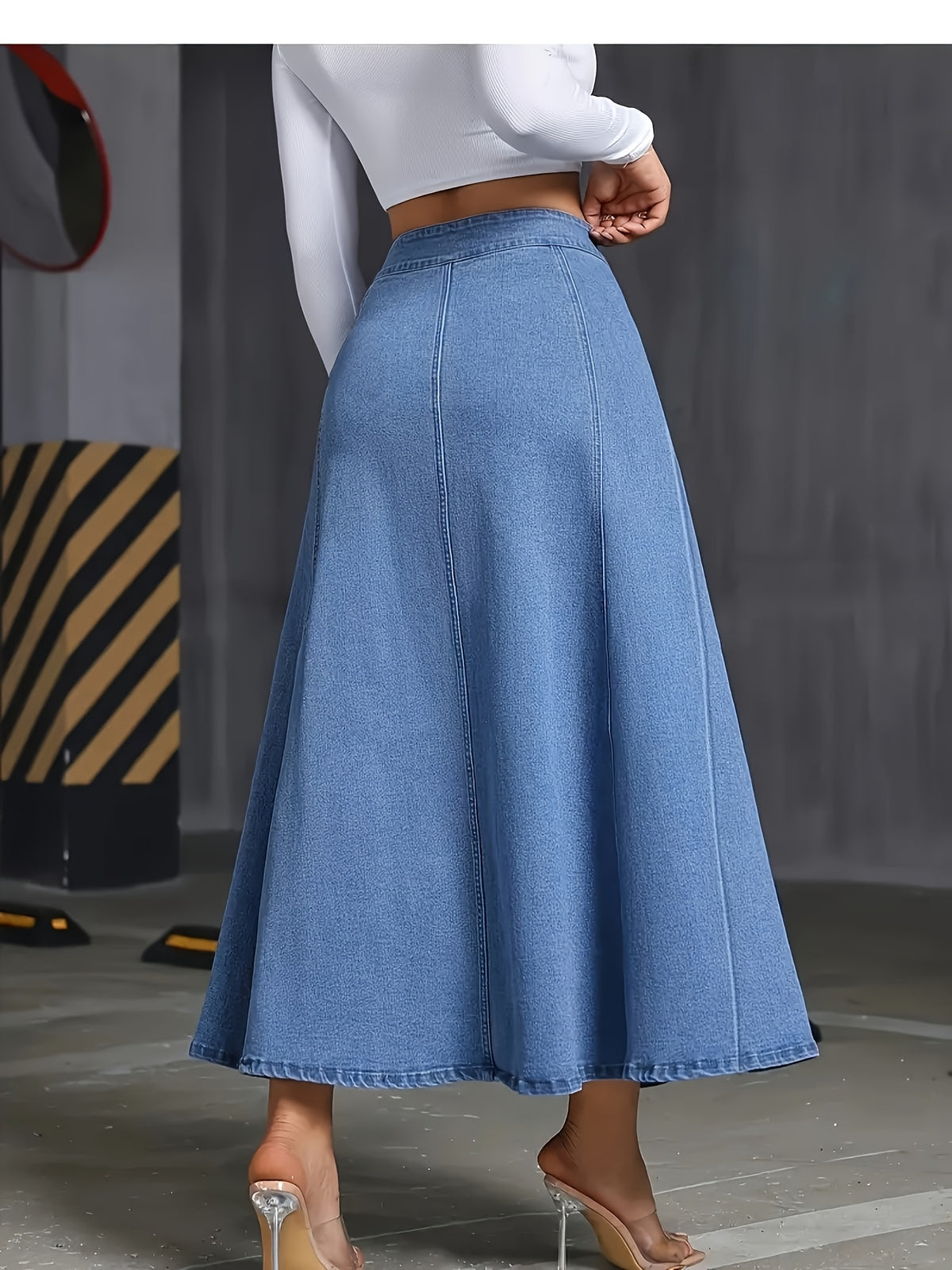 Stretch Denim A-Line Flare Skirt Women Wide Swing Button Detail Machine Washable Medium Blue Casual Formal Spring Summer Fall M-XL