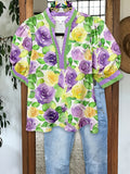 Floral Print Puff Sleeve Blouse Women Vintage V-Neck Loose Fit Casual Top Light Purple Multicolor