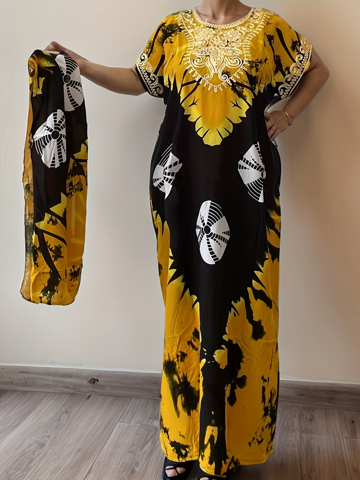 Kaftan Dress Women Floral Print Long Sleeve Embroidered Middle Eastern Ramadan Maxi Dress Straight Cut One Size