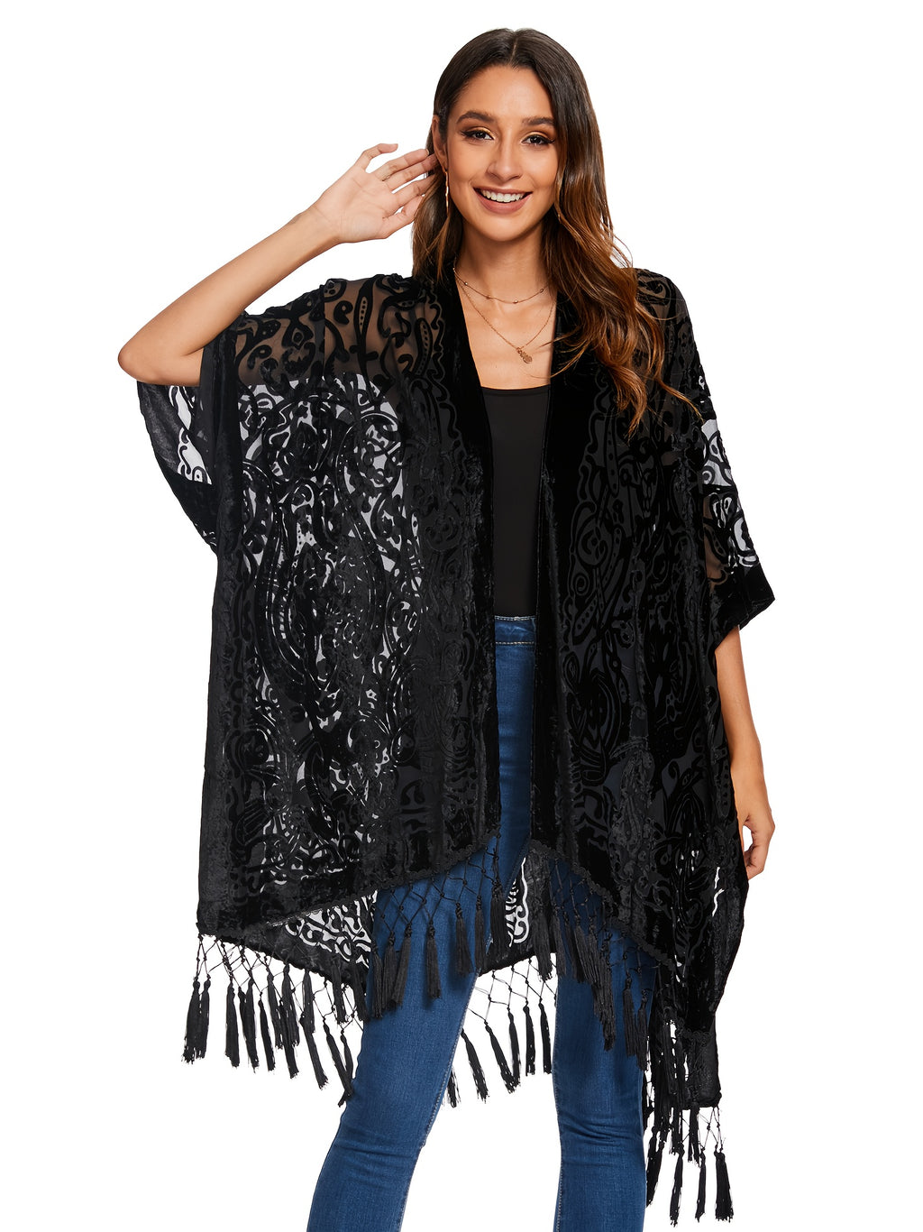 Boho Burnout Velvet Kimono Women Long Cardigan Cover Up Tassel Floral Embroidered One Size