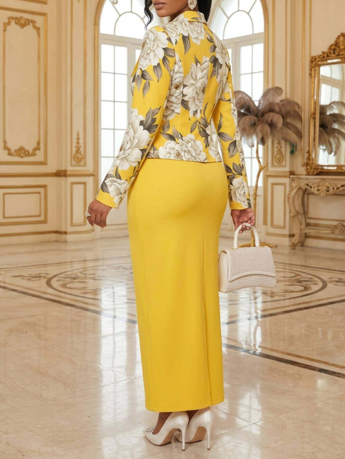 Peony Print Blazer and Pencil Maxi Skirt 2pcs Set Women Retro Fuchsia Party Dinner Matching Outfit S-XXL