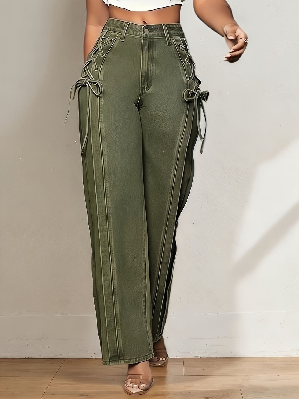 Wide Leg Straight Jeans Women Mid Rise Relaxed Fit Side Bow Tie Y2K Retro Streetwear Casual Denim Pants Blue Olive S-XXL