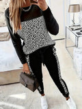 Leopard Print Long Sleeve T-Shirt and Matching Trousers 2 Piece Set Women - Crew Neck Regular Fit Pullover Casual Co-Ord All Season Loungewear Outfit