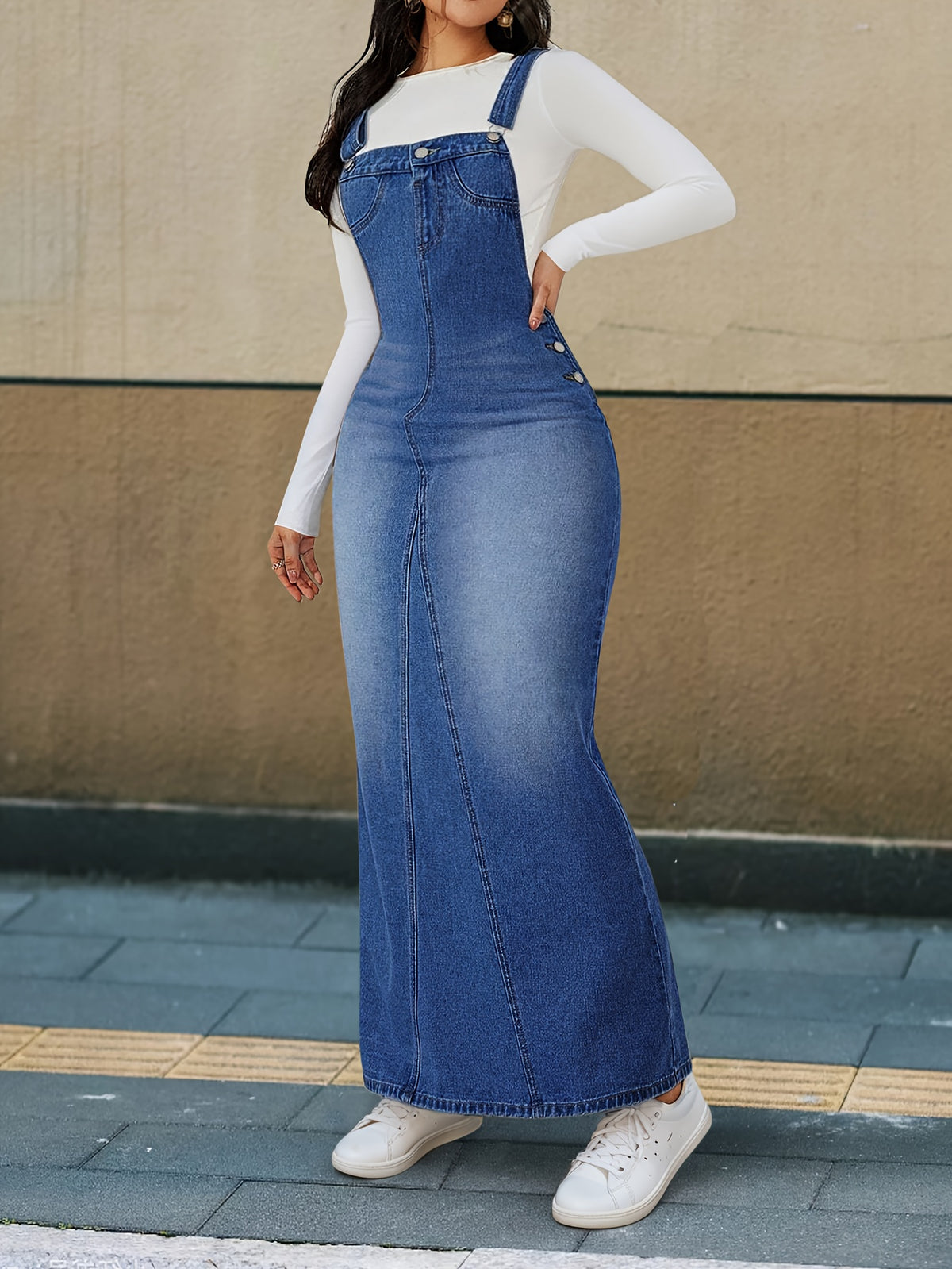 Women's Denim Maxi Dress Loose Fit Detachable Strap Button Closure Casual Chic Long Dress Spring Summer Fall