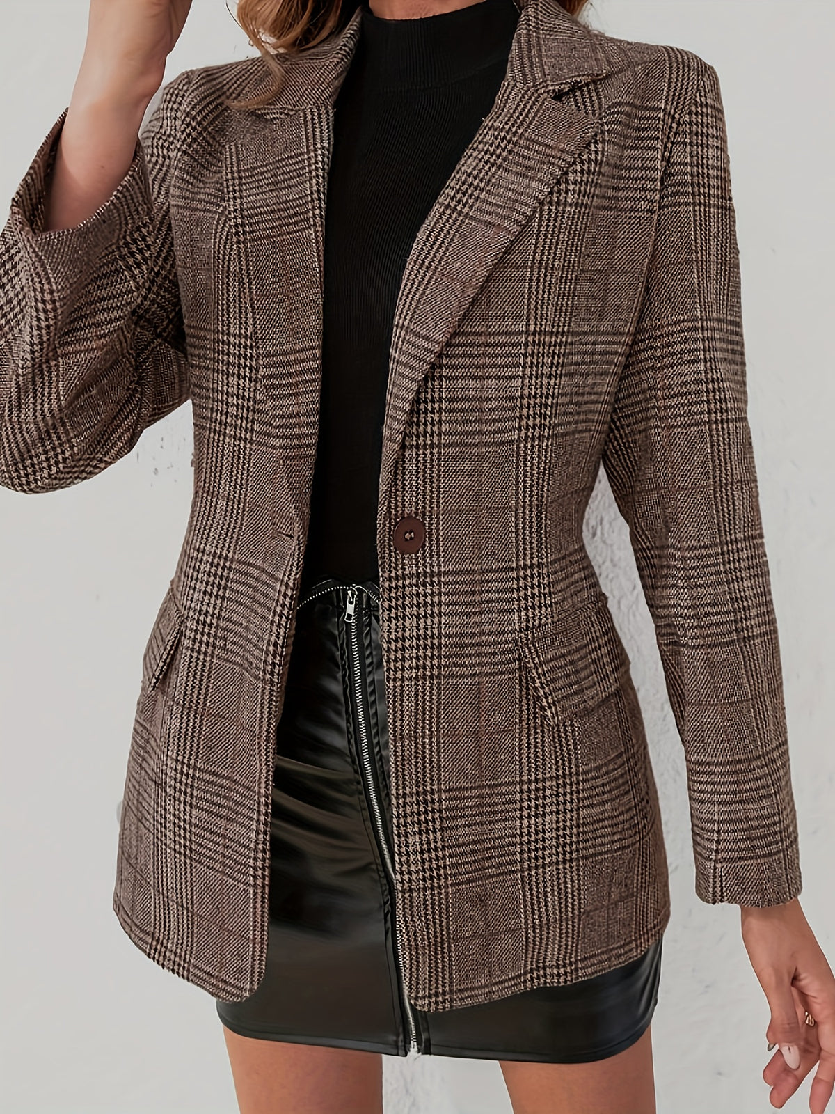 Women's Tweed Checkered Blazer Vintage Coffee Brown Waist-Cinching Single-Breasted Mid-Length British Style Autumn Winter Suit Jacket