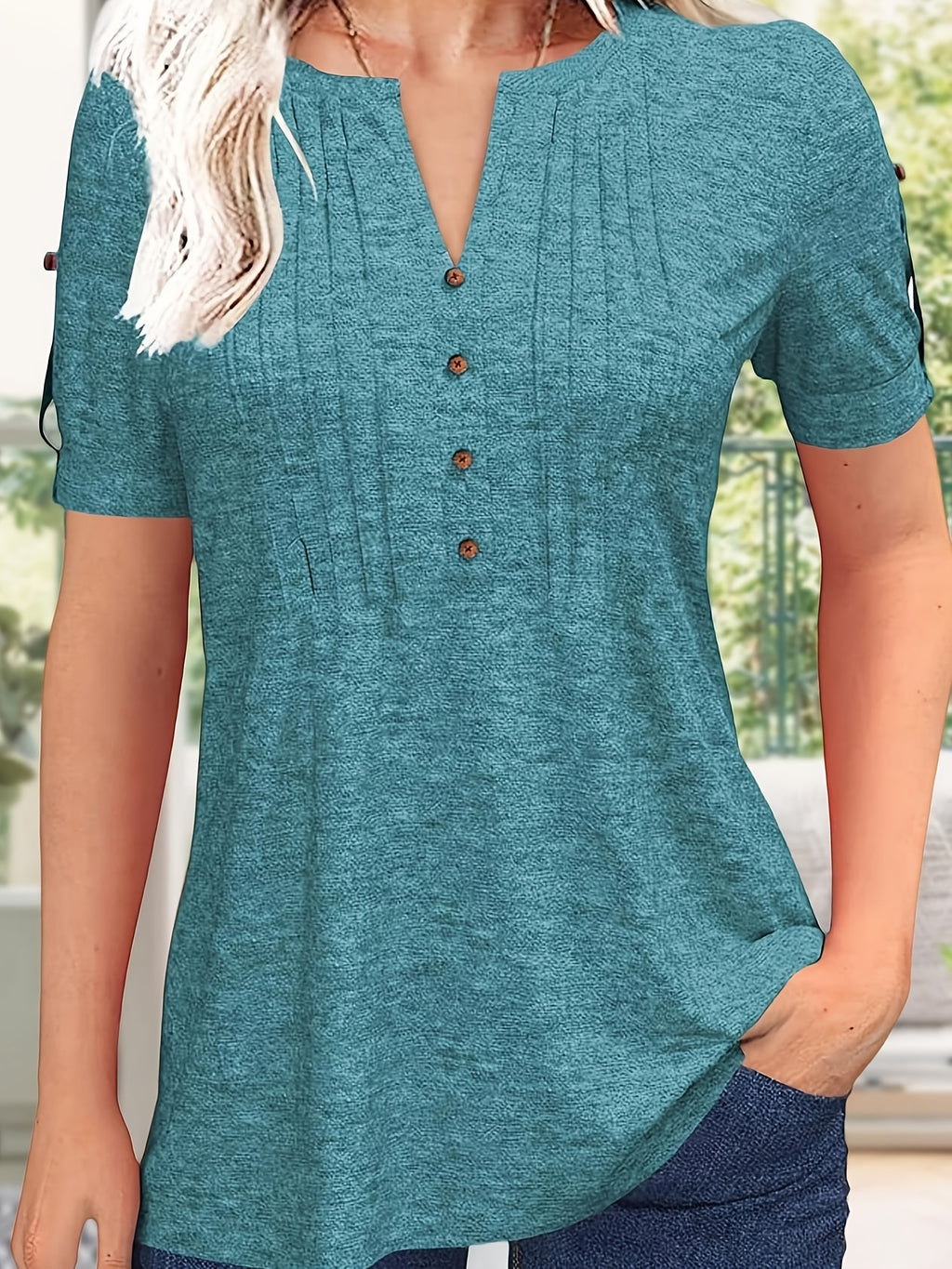 Button Front V-Neck Top Women Pleated Detail Short Sleeve Solid Color Casual Summer Blouse Lightweight Breathable Machine Washable