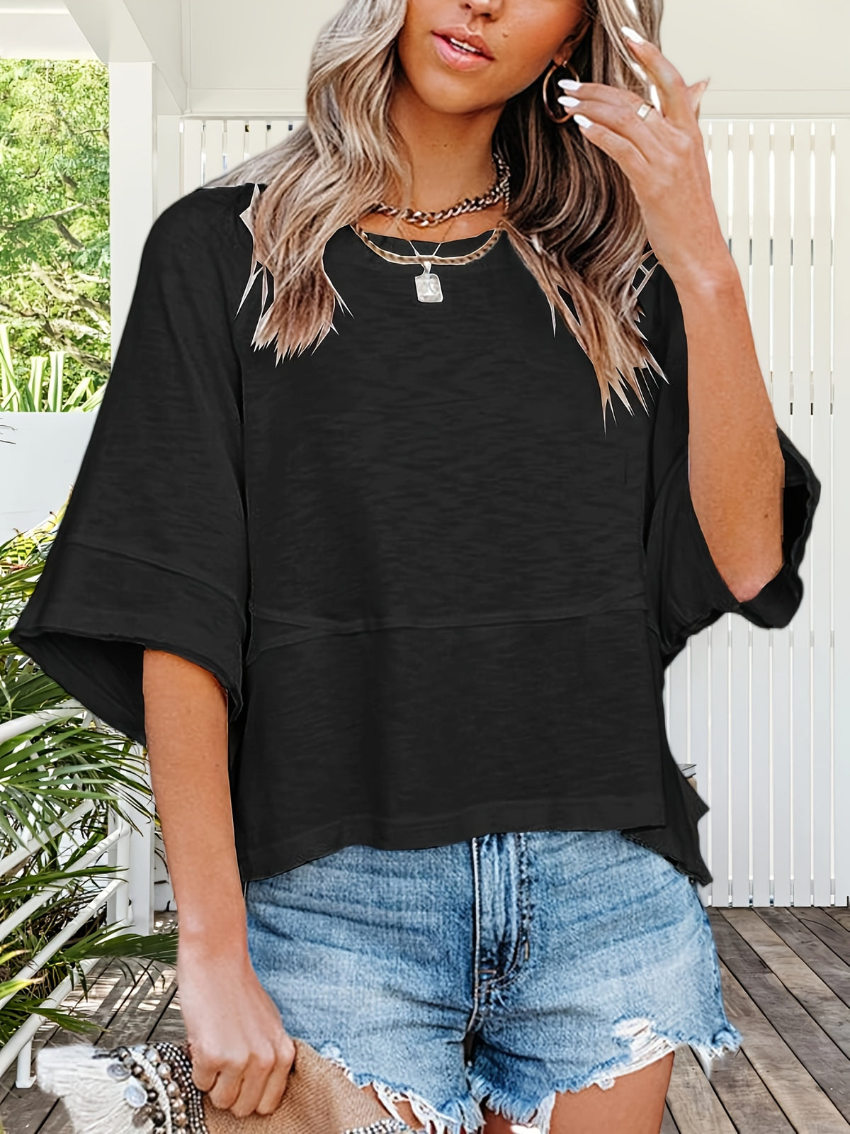 Women's Flowy Batwing Half Sleeve Crewneck T-Shirt Solid Color Loose Fit Casual Summer Top Cute Basic Tee