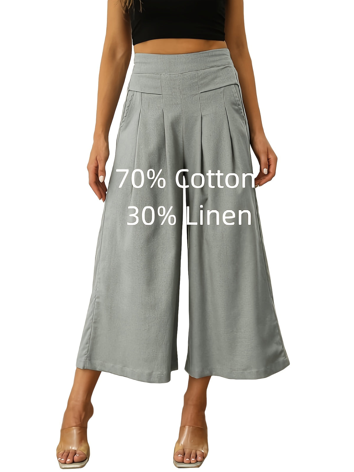 Linen Palazzo Wide Leg Pants for Women – Boho Elastic Waist 7/8 Culotte Capri Trousers with Pocket, Solid Color Casual Outfit Spring Summer Fall Comfortable Breathable Bottoms S-XXL