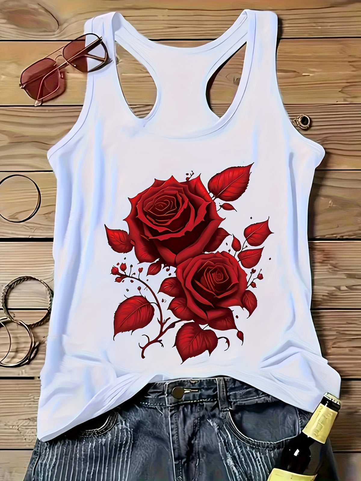 Off-Shoulder Rose Print Tank Top for Women Vacation Casual Sleeveless Shirt Red Floral Elastane Blend Spring Summer Machine Washable Beach Top