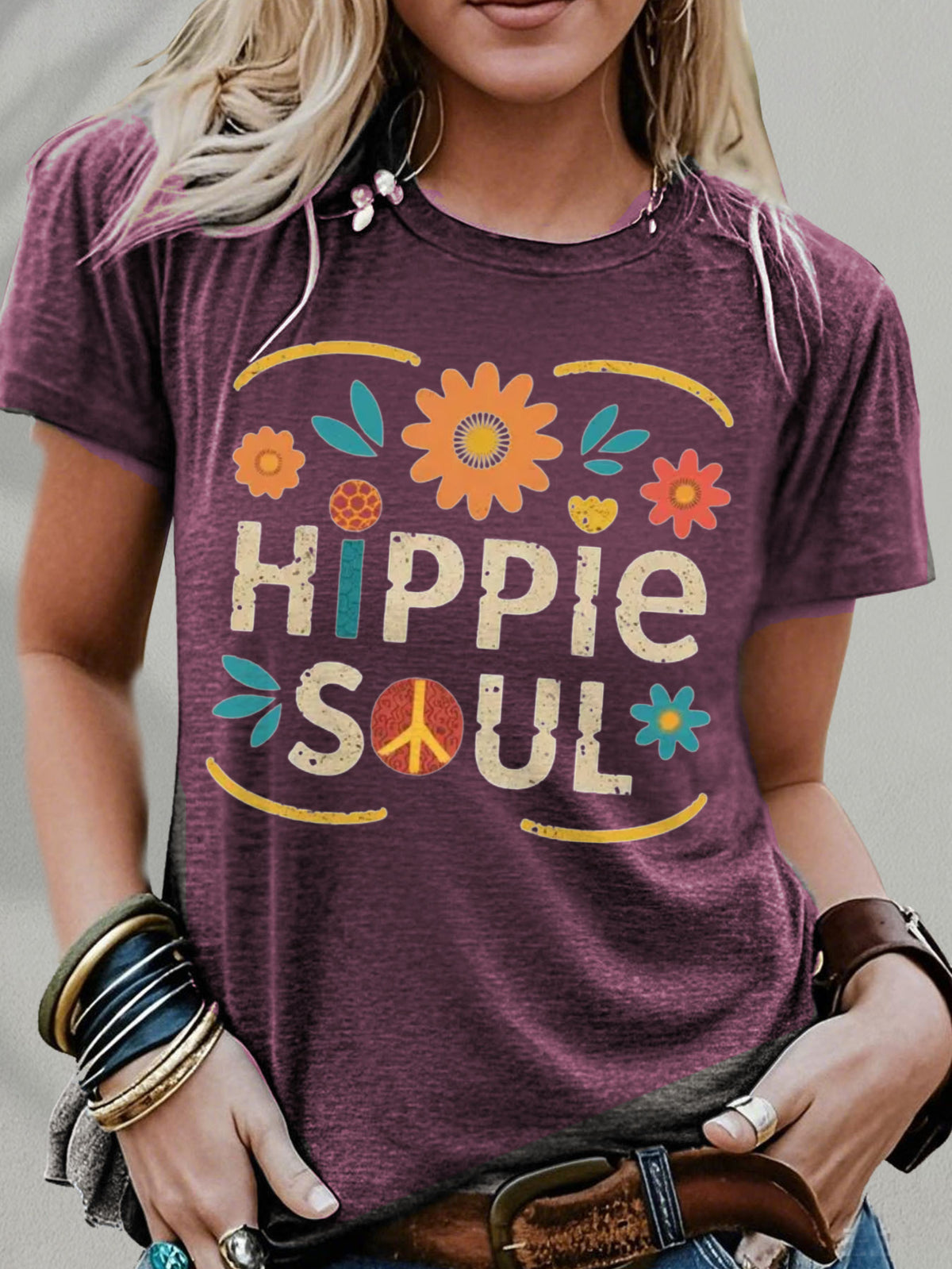 Hippie Soul Boho Graphic Tee Women Vintage Floral Print Festival Casual Comfortable Blend T-Shirt 5 Colors S-XXL