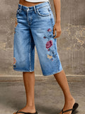 Embroidered Floral Denim Shorts for Women Mid Waist Washed Straight Leg Cropped Jean Shorts Spring Summer Casual Blue XS-XXL