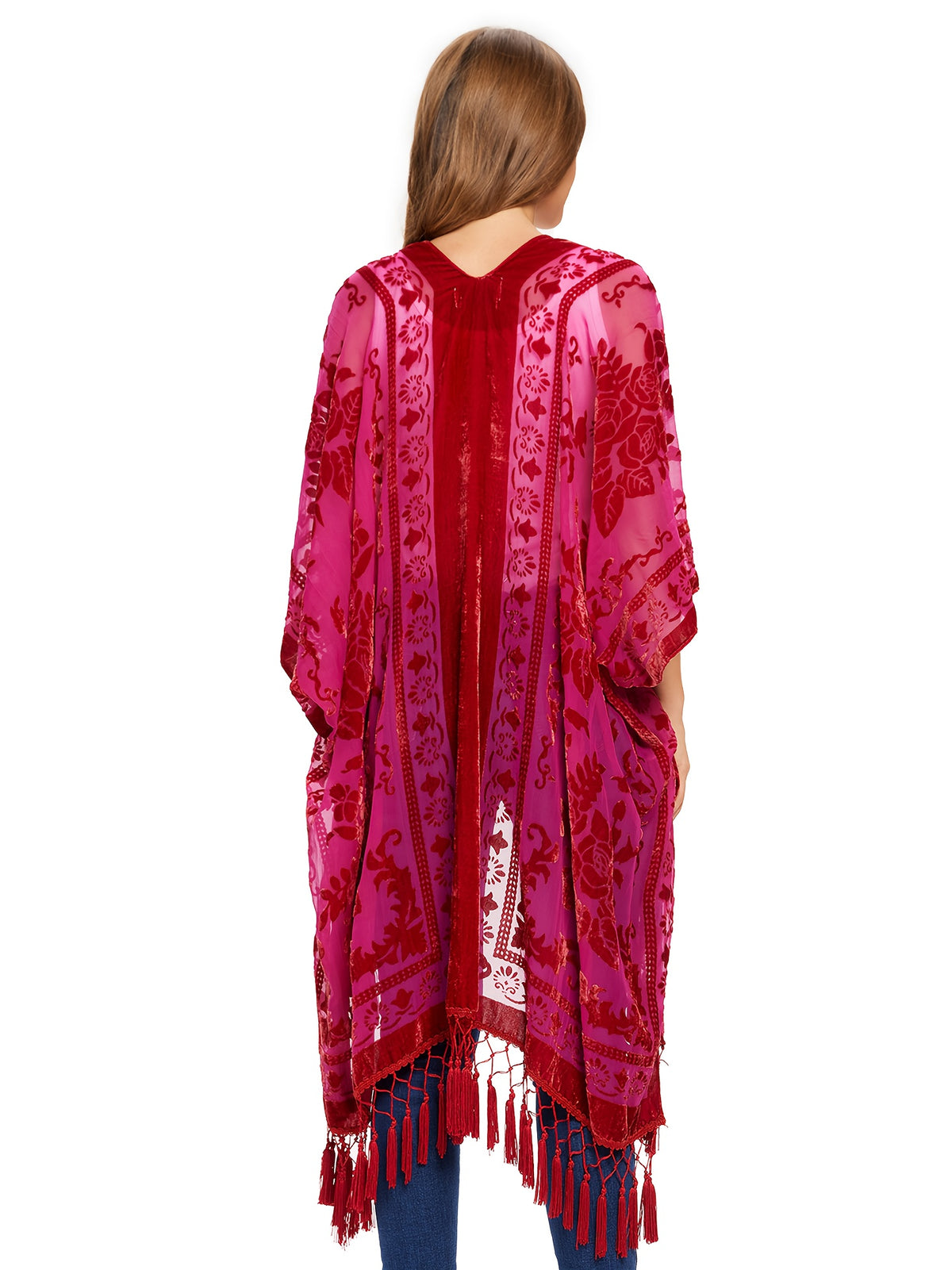 Boho Burnout Velvet Kimono Women Long Cardigan Cover Up Tassel Floral Embroidered One Size
