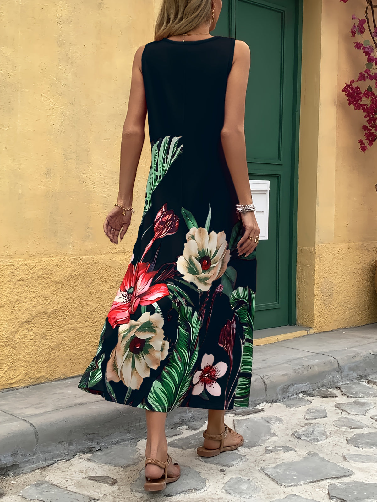 Floral Print Spaghetti Strap Dress Women Pocket Sleeveless Digital Print Midi Dress Casual Elegant Evening Holiday Dress S-XXL