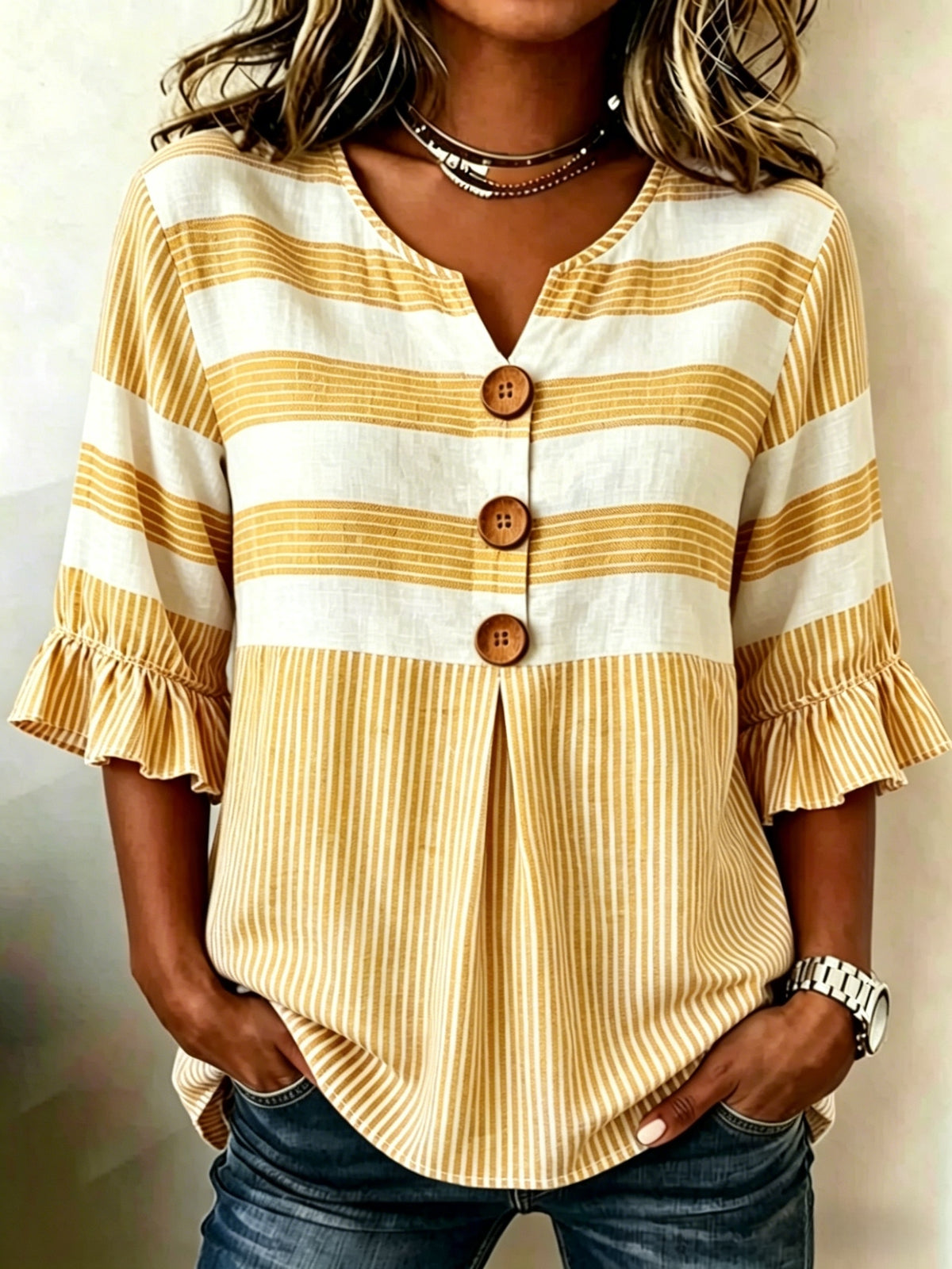 Striped V-Neck Blouse Women Ruffle 3/4 Sleeve Loose Fit Tunic Top Lightweight Linen Button Detail Summer Shirt S-2XL