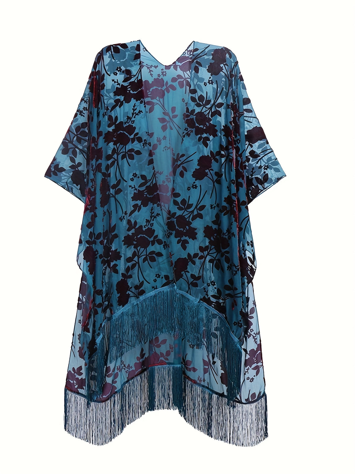 Boho Burnout Velvet Kimono Women Long Cardigan Cover Up Tassel Floral Embroidered One Size