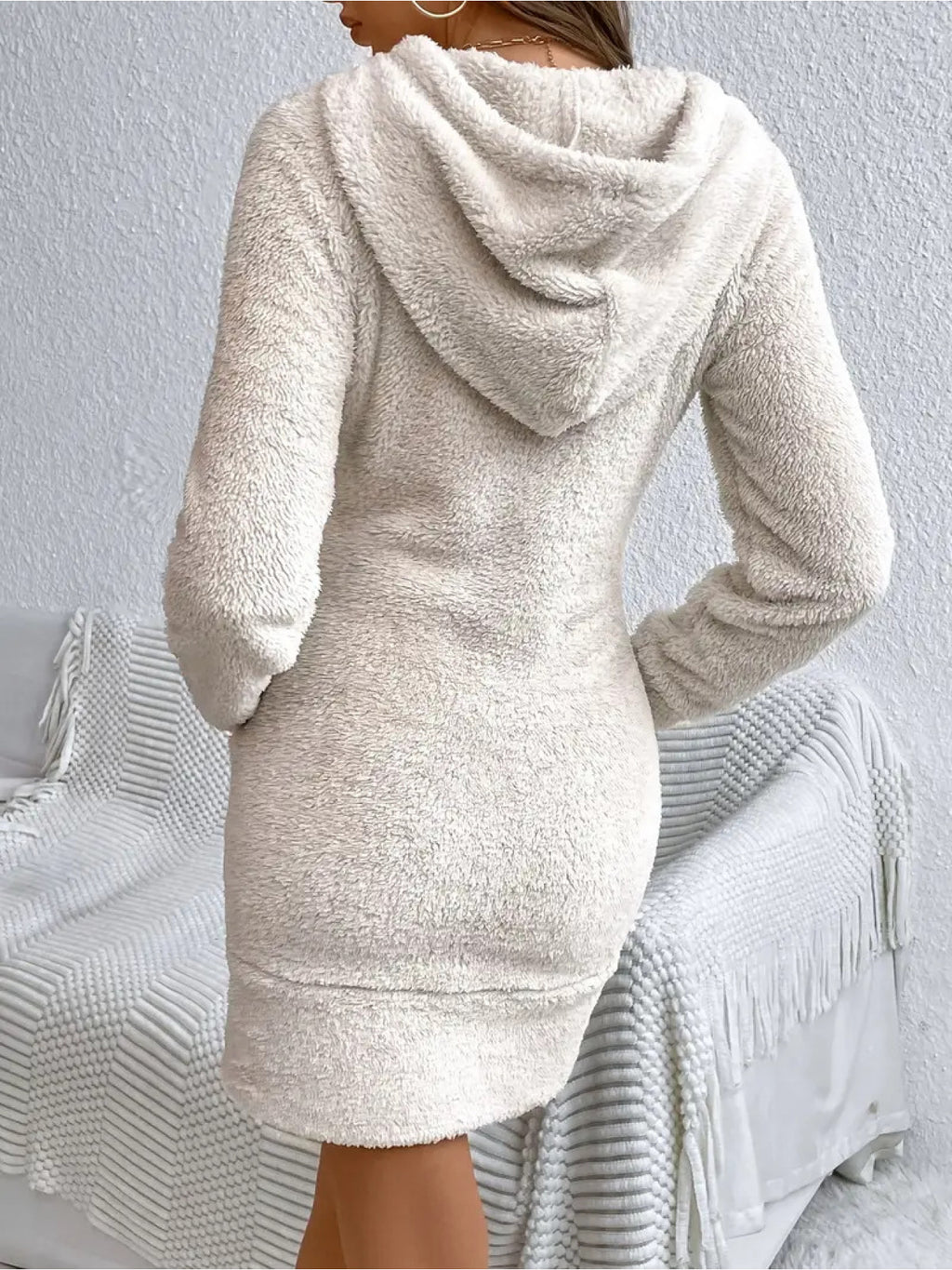 Hoodie Sweatshirt Dress Women Long Sleeve Pullover Casual Drawstring Pocket Knit Dress Ivory White Black Red Olive S-XXL