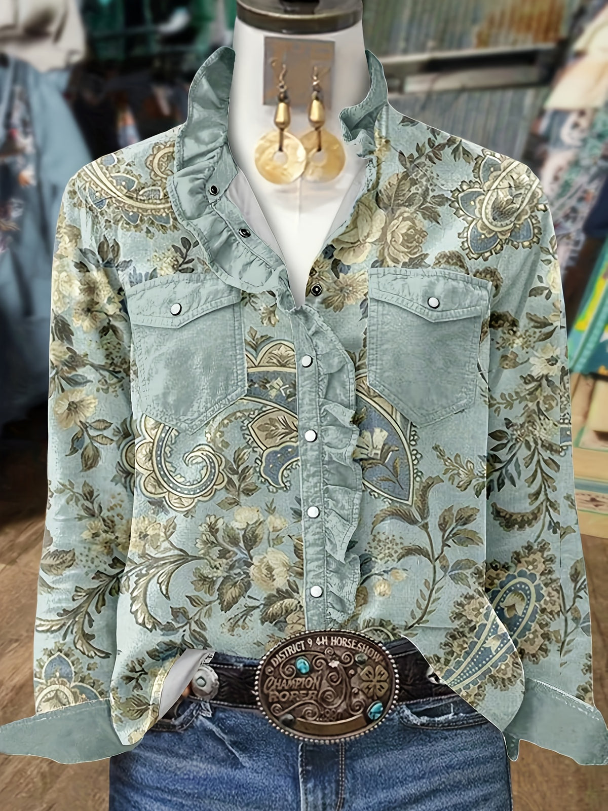 Vintage Paisley Print Shirt Women Long Sleeve Ruffle Lapel Collar Blouse Casual Woven Top Multicolor S-XXL