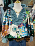 Women's Plant Print Ruffled V-Neck Long Sleeve Blouse Striped Patchwork Vacation Casual Top Spring Summer S-XXL