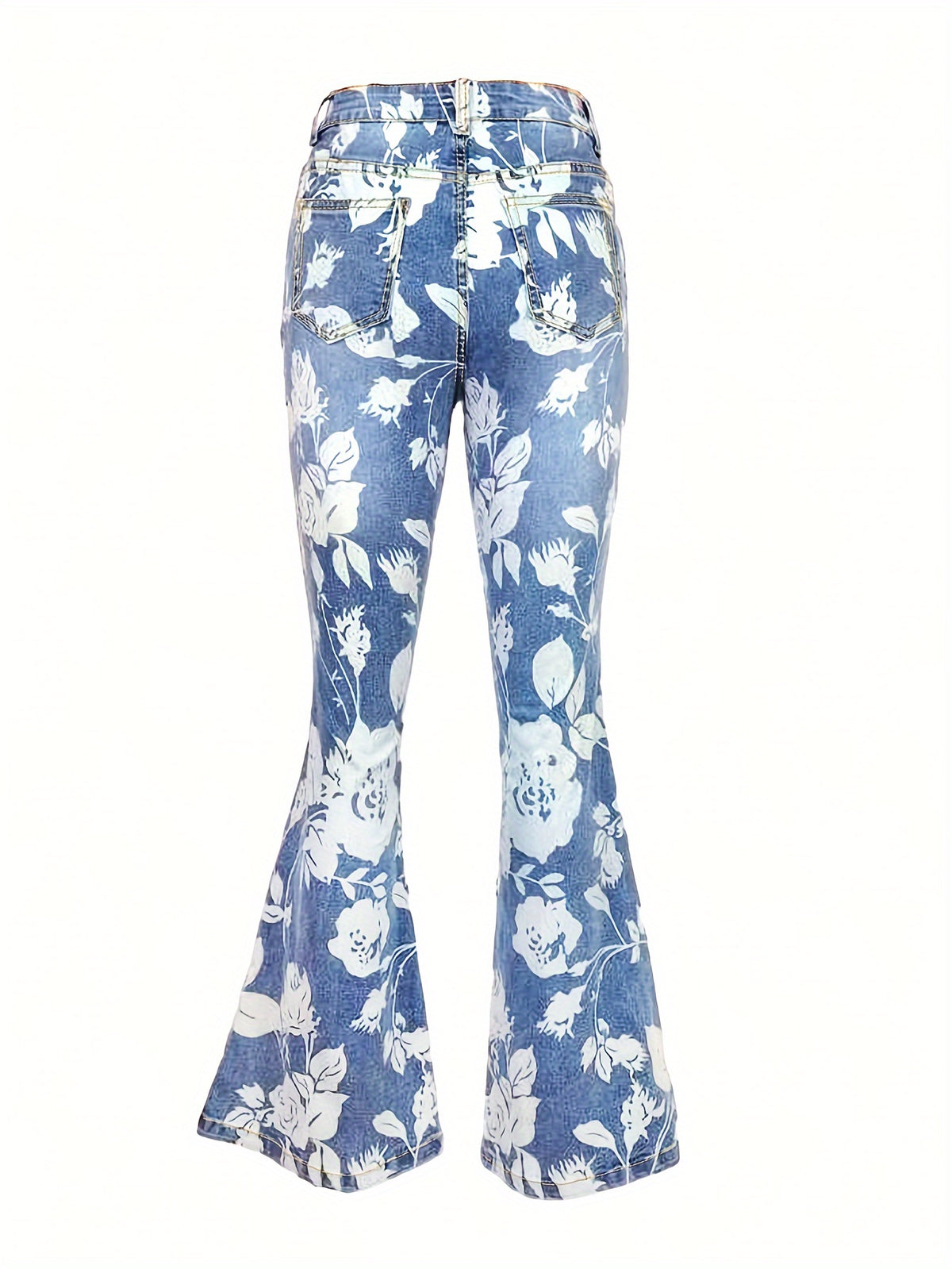 High Waist Elastic Floral Print Wide Leg Flare Pants Women Retro Bootcut Trousers Light Blue S-XXL