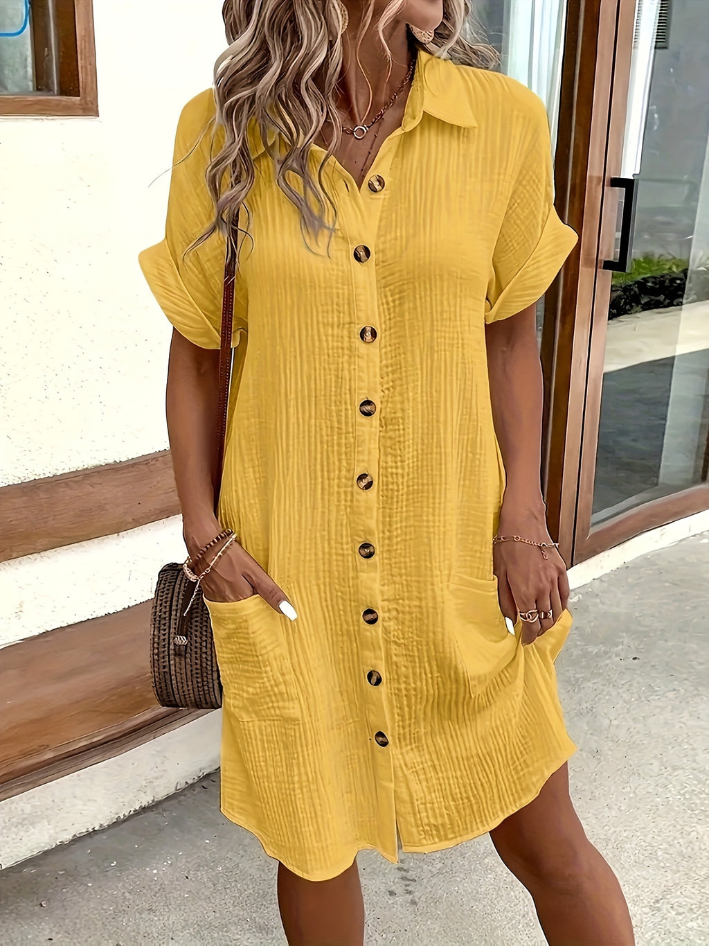 V-Neck Button Shirt Dress Women Short Sleeve Casual All-Season Lightweight Collar Dress