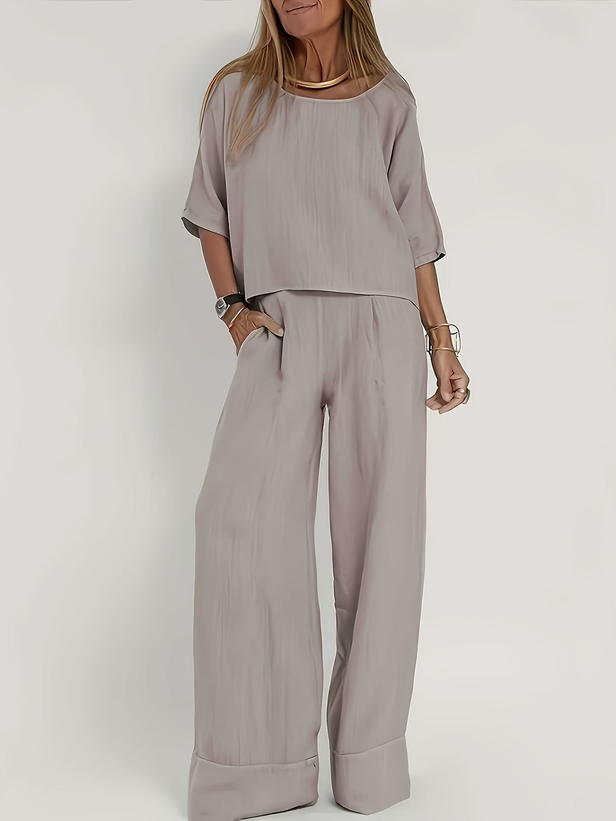 Women Elegant 2 Piece Set Short Sleeve Top High Waist Pants Suit Solid Color Matching Outfit Business Casual Chic Co-ord for Work Summer Spring