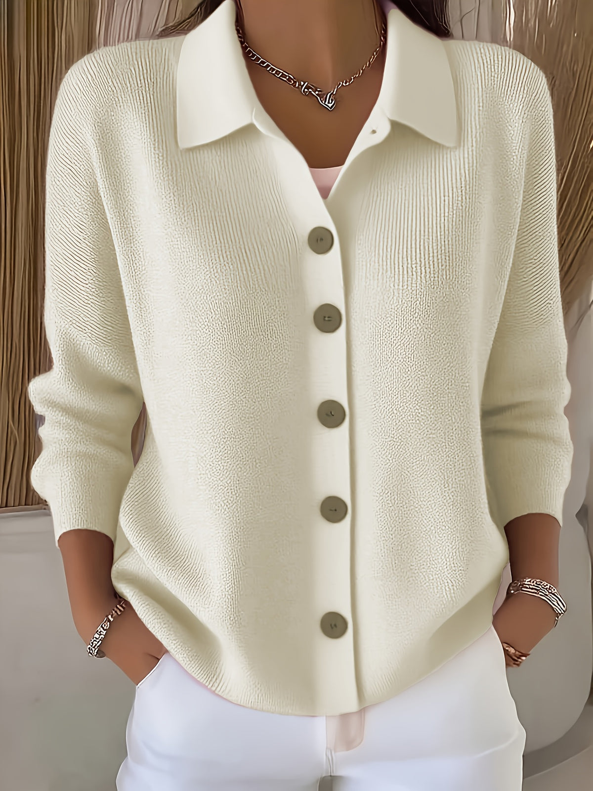 Button Lapel Knit Cardigan for Women – Solid Color Casual Knitwear Sweater, Elegant Layering Cardigan for Autumn & Winter Everyday Wear