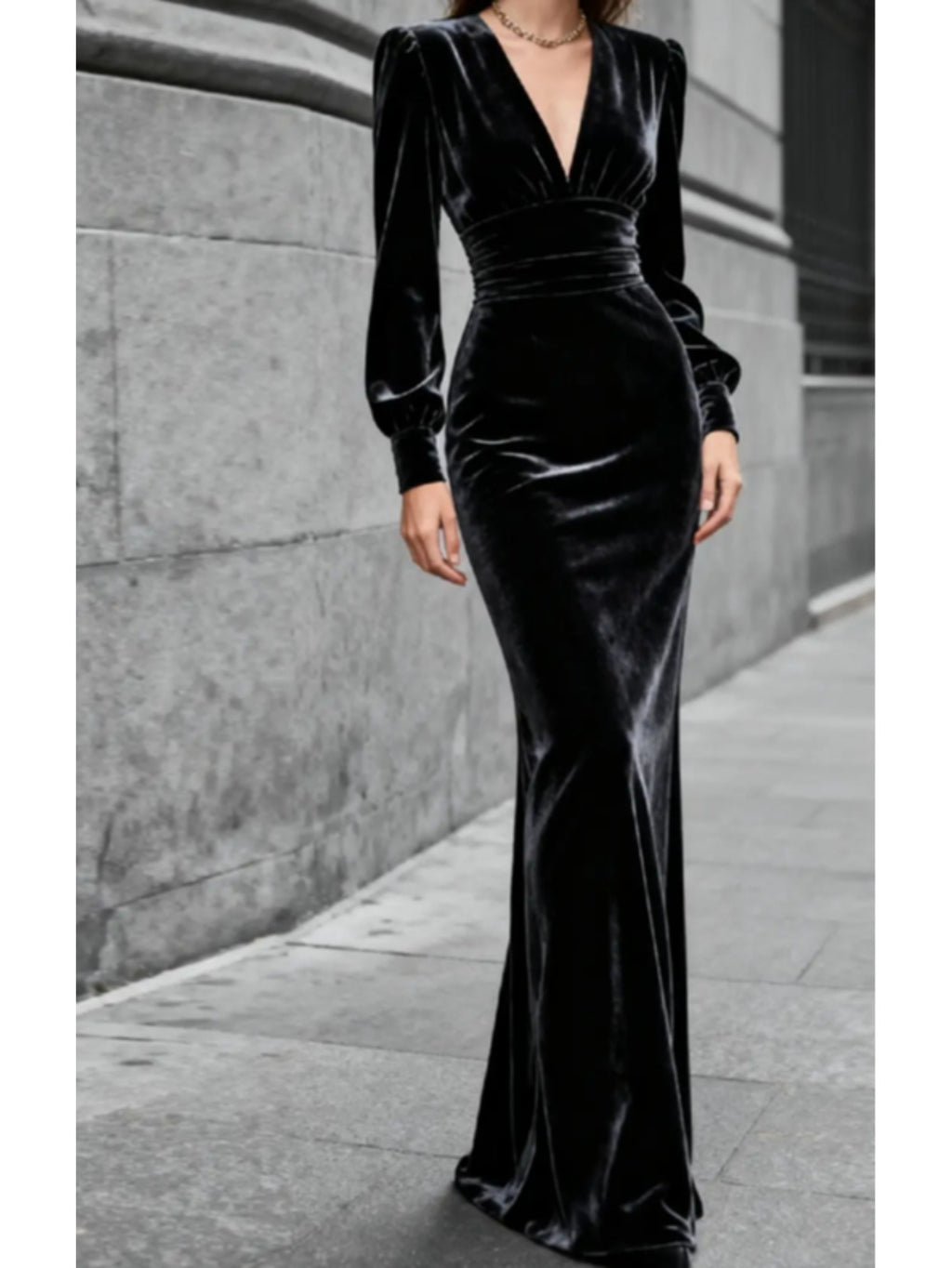 Black Velvet Deep V-Neck Fitted Floor Length Dress Women Formal Evening Party Gown Fall Winter Elegant S-XXL