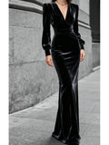 Black Velvet Deep V-Neck Fitted Floor Length Dress Women Formal Evening Party Gown Fall Winter Elegant S-XXL