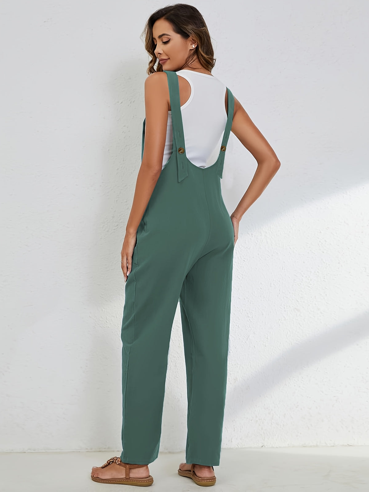 Linen Jumpsuit Women Wide Leg Casual Loose Overalls with Pockets Sleeveless Adjustable Strap Summer Palazzo Pants Romper Beige Black XS-XXL