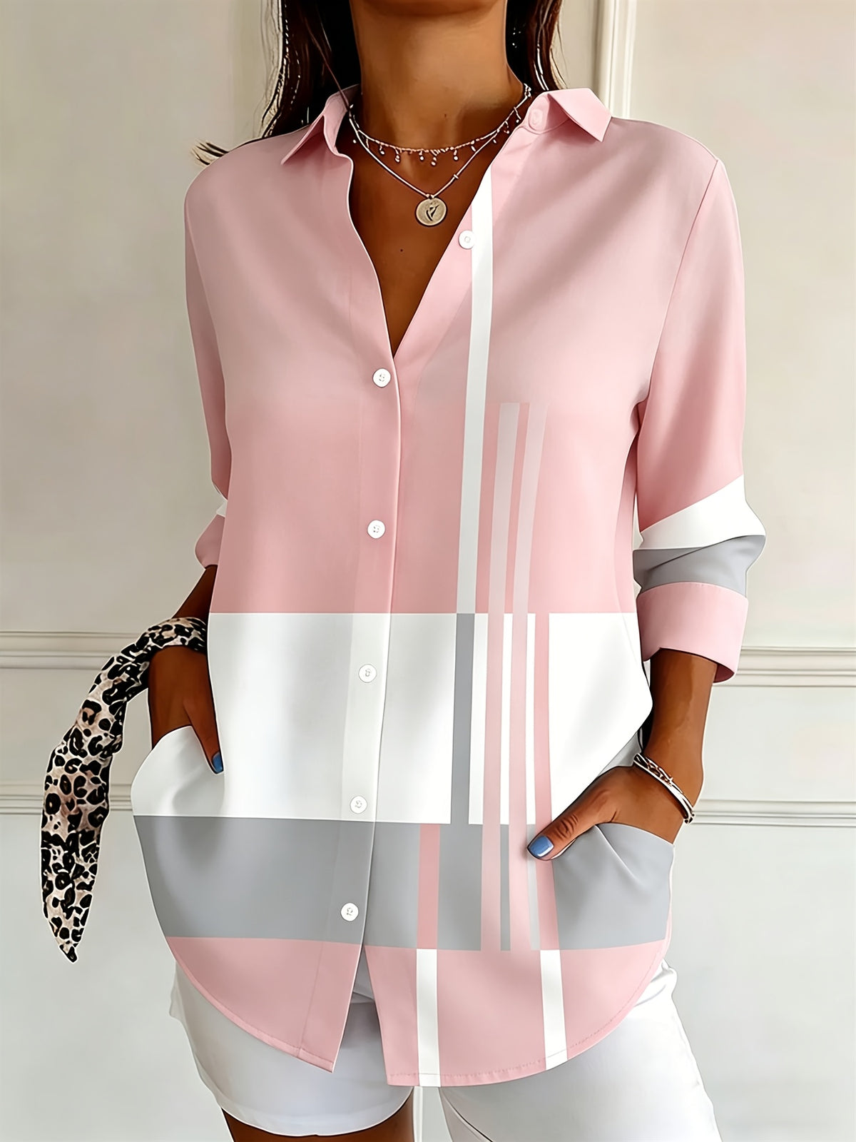 Color Block Button Blouse Long Sleeve Office Work Shirt Women Lightweight Striped Elegant Top