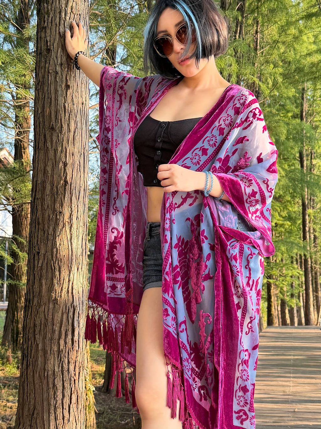 Boho Burnout Velvet Kimono Women Long Cardigan Cover Up Tassel Floral Embroidered One Size
