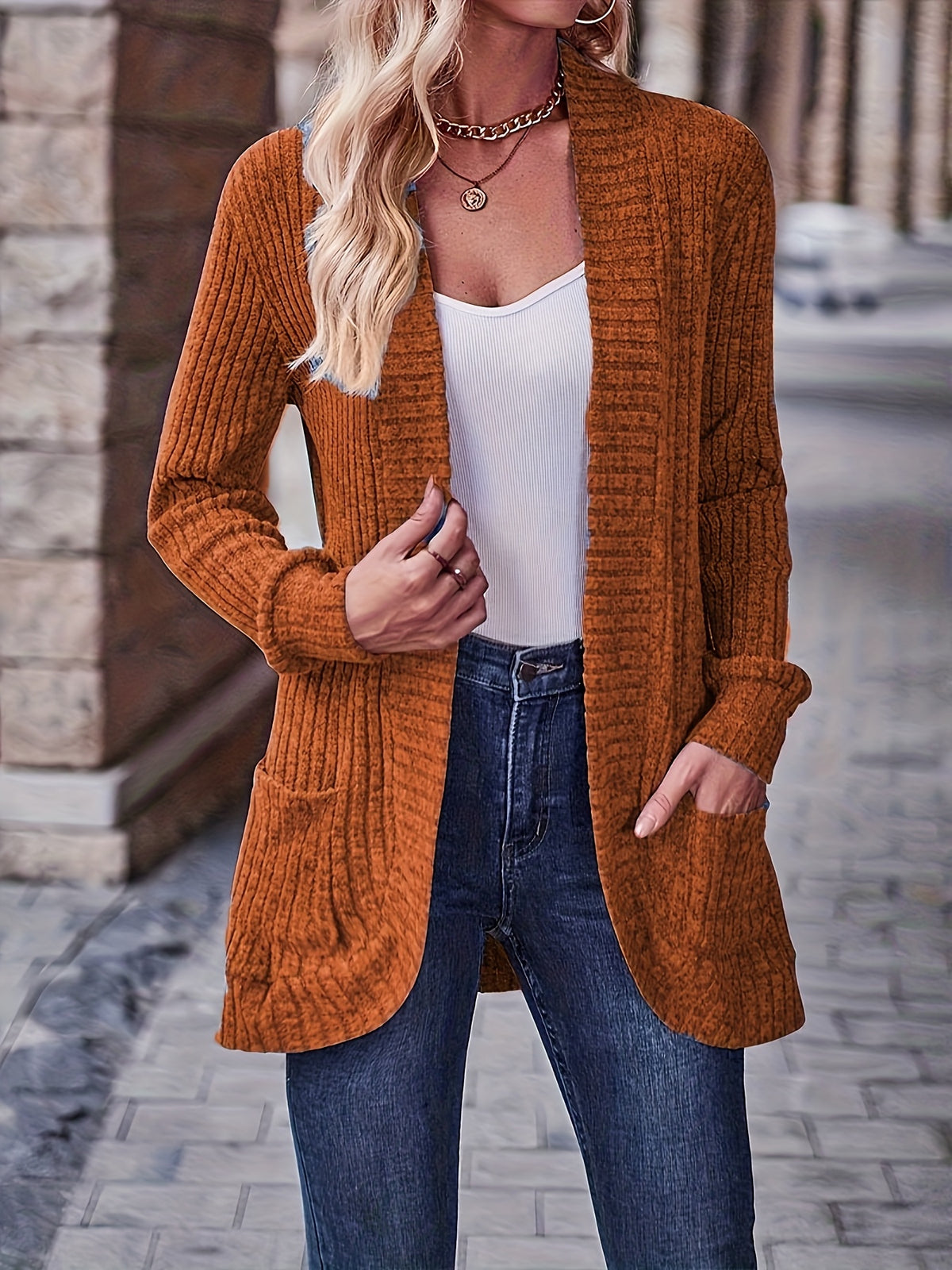 Cardigan Collar Loose Blouse Women Knit Pocket Long Sleeve Solid Color Casual Elegant Top 10 Colors Stretch Everyday Wear S-XXL